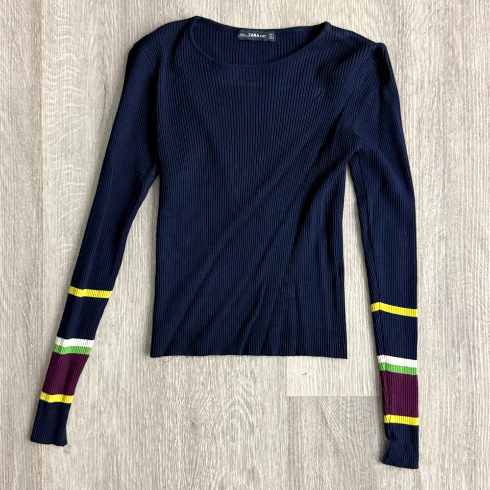Zara Navy Sweater with Colorful Stripes
